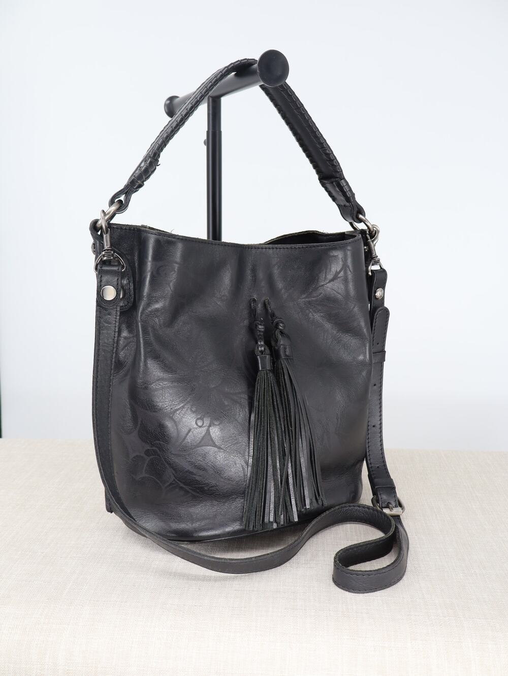 Patricia Nash Otavia Black Floral Embossed Leather Bucket Bag